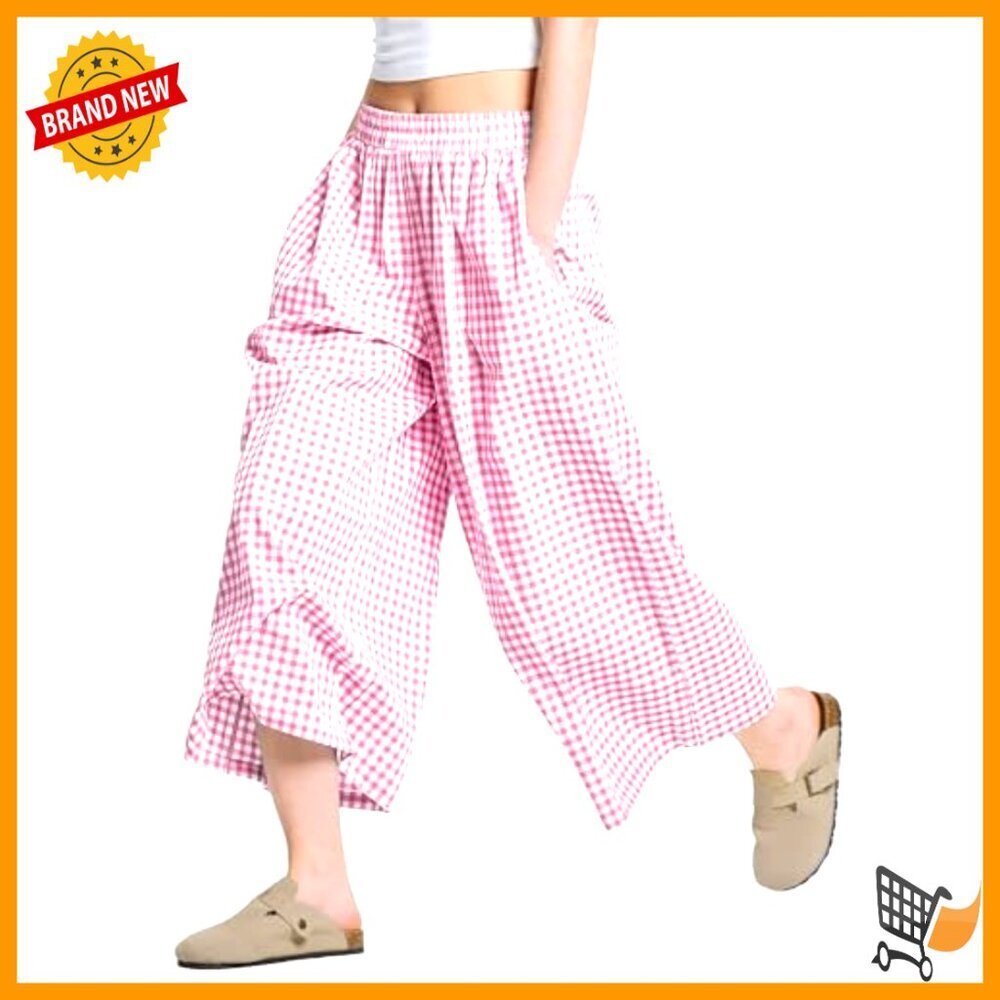 Wide Leg Capri Pants Cotton Gingham Plaid Culottes Elastic Waist Palazzo - Picture 2 of 7